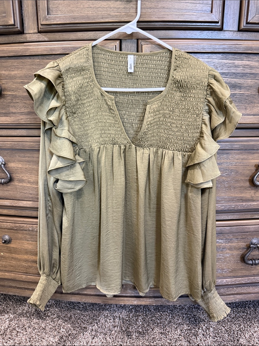 glam Olive Green Smocked Ruffle Long Sleeve Blouse